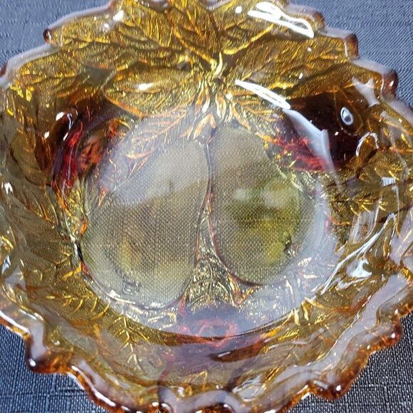 Beautiful Indiana Glass Gold Amber Pear Footed Condiment Bowl Candy Dish - Picture 1 of 8